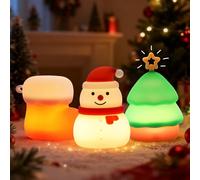 Wrischan Xmas Night Lights, 3 Pack Multi-Color Changing Silicone Night Light for Kids, Dimmable Snowman Boot Xmas Tree Decor Nightlights, USB Rechargeable Adorable Bedside Lamp for Kids Adults