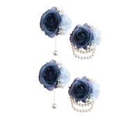 Wrist Corsage Boutonniere Set Floral Bead Hand Flower Dusty Blue Satin Roses for Bridesmaids Weddings Prom Boho Bridal Party Suit Pin Decor, Pack of Two, Polyester