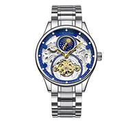 Wrist Watches,Hollow Automatic Mechanical Watch Moon Phase Tourbillon Men's Waterproof Watch, White Shell Blue Inner Shadow