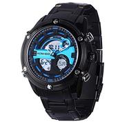 Wrist Watches,Multifunctional Waterproof Sports Men's Watch Led Steel Band Dual Display Electronic Watch, Black Shell Blue Surface