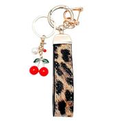 Wristlet Keychain Lanyard for Keys, Leopard Print Red Cherry Charm Keyring with Detachable Rings, Fashion Car Key Accessories for Women, Bag & Purse Key Fob Holder, Stylish Wrist Strap Gift Set