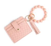 Wristlet Wallet Bracelet PU Card Holder Silicone Beaded Bracelet Keychain Women's Wallet Leather Woven Bag Zero Going Out(4Pink)
