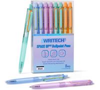 WRITECH Ballpoint Pens Black Ink: 0.7mm Fine Point Retractable 8ct Pastel Color Ultra Smooth Writing Low Viscosity Ink Space Up Ballpoint Pen Silent Click