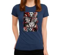 WriteFusion Horror Icons Collage - Michael, Freddy, Pennywise & Jason in Bloody Splatter Look, Brutal Slasher Design for Halloween and Horror Film Fans, Women Navy, S