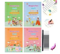 Writing Books, Magic Practice Copybook, Handwriting Workbooks Number Letter Tracing with Grooves Write Practice Magics Pen, Numbers Letter Tracing, Reusable Copybooks(German-1SET,Five pens)