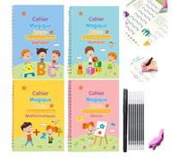 Writing Books, Magic Practice Copybook, Handwriting Workbooks Number Letter Tracing with Grooves Write Practice Magics Pen, Numbers Letter Tracing, Reusable Copybooks(French-1SET,Five pens)