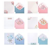 Writing Paper and Envelopes Set, 24 Pcs Stationery Papers with 12 PCS Envelops, Unique Flower Design Lined Letter Writing Set, Writing Stationery Paper for Invitation Gifts Greeting Cards(6 Sets)