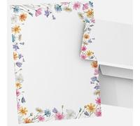 Writing Paper Set DIN A4 "Flower Meadow" - Colourful Wildflowers in Watercolour Style - 50 Sheets of Writing Paper + 50 DIN Long Envelopes - 90 g Floral Design Paper for Letters & Invitations