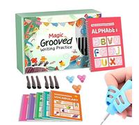 Writing Practice Copybook - Grooved Drawing Workbook Set, Handwriting Improvement Guide With Pen Grips, 26.5x18.5x5cm Size + 6 Reusable Books, Premium Cardboard Stock - For Preschool & Kindergarten