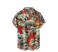 WRITKC Men's Geometric Print Casual Breathable Hawaiian Short Sleeve Shirt (as8, Alpha, m, Regular, Regular, Red-Fish)