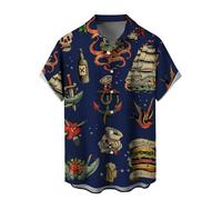 WRITKC Tropical Shirts Button Down Holiday Casual Hawaiian Short Sleeve Men Loose Beach Shirts, Dark Blue Nautical Elements-108, XL