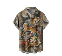 WRITKC Tropical Shirts Button Down Holiday Casual Hawaiian Short Sleeve Men Loose Beach Shirts, Grey-dragon, XL