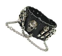 WRITWAA 1Pc Punk Alloy Skull for Men Black Leather Wrist Chain with Studs Gothic Style Male Accessory