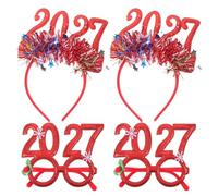 WRITWAA 2 Sets New Years Eve Headband Set, 2027 Glitter Tinsel Sequins Hairband with Sunglasses for Women Girls, Head Bopper for New Year Graduation Party (Red)