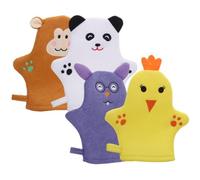 WRITWAA 4pcs Bathing Gloves with Adorable Cartoon Animals, Exfoliating Body Cleaning Gloves Made of Polyester, Rich Foaming and Dead Skin Removal, for Bath Time