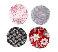 WRITWAA 4pcs Satin Printed Double Layer Sleep Caps with Adjustable Flat Buckle for Women Night Sleep and Shower Use, Floral Pink, Gray Flamingo, Wine Red, Black Patterned