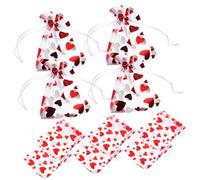 WRITWAA 50pcs Red Gold Foil Decorative Mesh Gift Bags with White Heart Ribbon Small Drawstring Party Favor Bags for Candy Jewelry Wedding Birthday Shower Packaging