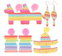 WRITWAA Acrylic Dangle Earrings Maraca 4 Pairs Fiesta Theme for Women Lightweight Decorative Carnival Party Accessories with Hat Rainbow Strip, and Sheep Shapes for Mexico Parties
