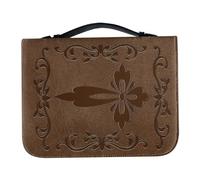 WRITWAA Book Storage Bag Pu Leather Finish Retro Design and Cross Print for Carrying Bibles and Books to Study Church Includes Handle and Zippered Pocket for Secure Storage