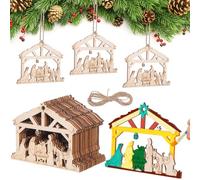 WRITWAA Christmas Nativity Scene Ornaments Set 3D Wooden House Hanging Decorations Religious Christian Xmas Tree Pendants the Birth of Jesus Decor