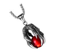 WRITWAA Creative Stainless Steel Dragon Claw Pendant Necklace for Men with Red Bead and Square Pearl Chain Stylish Male Neck Jewelry Gift for Birthdays and Music Carnivals