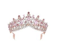 WRITWAA Elegant Bridal Crown Headband with Pink Rhinestones and Golden Alloy, Large Crown Shape with Secure Side Combs for Women, for Parties and Occasions You Want to Be