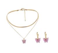 WRITWAA Elegant Butterfly Necklace and Earring Set for Women Pink Acrylic Pendant Jewelry with Heart-shaped Design Stylish Decorative Neck Accessory for Parties and Daily Wear