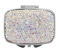 WRITWAA Portable Rhinestone Pill Box with 2-Compartment and Easy Open Closure, Travel Size Medicine Organizer for Purse, Stylish Metal Mini Case for Daily Vitamins and Pills