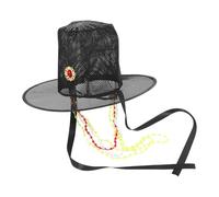 WRITWAA Traditional Korean Black Mesh Hat with Wide Brim and Beaded Neck Strap, Large Size Hanfu Court Cosplay Cap for Men Women, Gothic Costume Hat for Halloween and Stage Performances