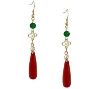 WRITWAA Vintage Chinese Style Drop Earrings for Women Red Teardrop Alloy Earrings with Green Gemstone, Dangle Ear Decoration for Traditional and Casual Wear
