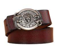 WRJAHCG Belt Men, Western Cowboy Belts for Men, Leather Belt with Lion Pattern Oval Alloy Decorative Buckle,Brown A,110CM/43.3''