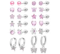 Wrlcorly 12 Pairs Stainless Steel Hoop Earrings for Women, Stainless Steel Hoop Earrings, Pink, Multicolor, Cubic Zirconia, Butterfly, Pearl, Cat, Heart, Tortoise, Flat, Cubic Zirconia, Cubic
