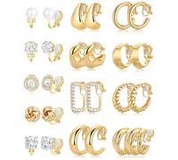 Wrlcorly 13 Pairs Clip on Earrings for Women 14K Gold Silver Plated Chunky Hoop Clip Earrings CZ Pearl Knot Twist Tube Waterdrop Croissant Non Pierced Hoop and Studs Fake Earring Jewelry Set, Copper