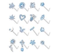 Wrlcorly 16Pcs 20G Nose Rings Studs Stainless Steel L Shaped Nose Stud CZ Butterfly Planet Star Leaf Bee Moon Heart Flower Dangle Piercing Jewelry for Women Men Pink/White/Blue/Clear, Stainless Steel