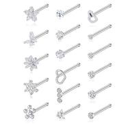 Wrlcorly 17Pcs Nose Rings Studs 20G Surgical Stainless Steel L Corkscrew Bone Shaped Nose Studs Butterfly Flower Heart Star Square Round Diamond CZ Nostril Piercing Jewelry for Women Silver Tone