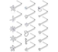 Wrlcorly 17Pcs Nose Rings Studs 20G Surgical Stainless Steel L Corkscrew Bone Shaped Nose Studs Butterfly Flower Heart Star Square Round Diamond CZ Nostril Piercing Jewelry for Women Silver Tone