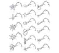 Wrlcorly 17Pcs Nose Rings Studs 20G Surgical Stainless Steel L Corkscrew Bone Shaped Nose Studs Butterfly Flower Heart Star Square Round Diamond CZ Nostril Piercing Jewelry for Women Silver Tone