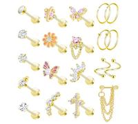 Wrlcorly 20Pcs 16G Cartilage Earrings Studs for Women Stainless Steel Helix Conch Hoops Butterfly Opal CZ Planet Sunflower Heart Earring Chains Dangle Tragus Piercing Jewelry Gold Silver Tone, Opal