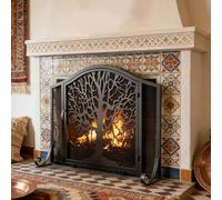 Wrought Iron Fireplace Screen With Doors, Flat Panel Mesh Spark Guard With Leaves Pattern, Handcrafted Modern Fire Pace Cover For Living Room, For Coal Firing Stoves And Grills