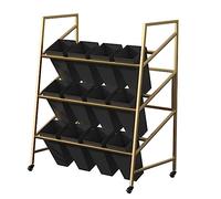 Wrought Iron Plant Shelf with 12 Buckets Flower Shop Display Rack Fresh Flower Cart White Shelf with Black Buckets Ideal for Bouquets and Plants.