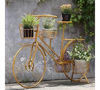 Wrought Iron Plant Stand with 4 Baskets - Gold Bicycle Holder for Flower Pots Outdoor Garden Display Rack Perfect for Home Deck Patio & Garden Decor