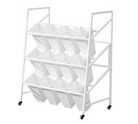 Wrought Iron Storage Shelves with 12 Buckets Floral Display Rack for Flower Shops Plant Trolley for Fresh Bouquets White Shelf with Black Buckets Perfect for Flower Arrangements.