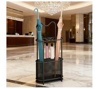 Wrought Iron Umbrella Stand with Curved Tray and Hooks for Dual Zone Storage, Durable and Decorative Home Organizer