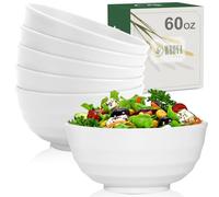 Wrova Large Salad Bowls 60 OZ Unbreakable Big Bowls Set of 6, Reusable Plastic Bowls for Kitchen Microwave and Dishwasher Safe Bowl for Dorm and Apartment, Bowl for Serving Oatmeal and Salad Etc-White
