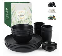 Wrova Plastic Dinnerware Sets 16 PCS -10 Inches Plates, 26 oz Bowls, 2 oz Dipping Bowls,12 oz Cups - Unbreakable Plates and Bowls Sets Microwave Safe and Dishwasher Safe, Service for 4 - Black