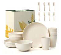 Wrova Premium Dinner Set 20 Piece - Lightweight & Reusable Plastic Cutlery Set for 4 - Microwave and Dishwasher Safe Plates and Bowls Set with Fork, Spoon for Camping & Home - Beige