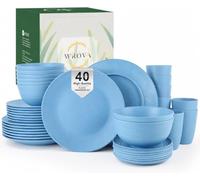 Wrova Reusable Plastic Dinner Set 40 PCS - Plates and Bowls Set for 8 Lightweight Plastic Plates Set for Kitchen Dishwasher & Microwave Safe Unbreakable Dish Set for Camping, School - LightBlue