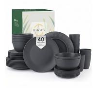 Wrova Reusable Plastic Dinner Set 40 PCS - Service for 8 | Plates and Bowls Sets | Unbreakable Dishes Set Microwave and Dishwasher Safe Plates Set for Kitchen, Camping, School - Dark Grey