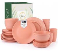 Wrova Reusable Plastic Plate Set 40 PCS Unbreakable Dinner Set for 8 People Lightweight Dishes Set Microwave and Dishwasher Safe Plate Sets for Camping, School, RV - LightPink