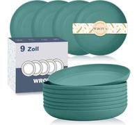Wrova Reusable Plastic Plate Set for 8 People - 22.5 cm Dinner Plate, Unbreakable Plastic Plate for Salad Plates, Cake Plates, Crockery Set Dishwasher Safe for Kitchen - Dark Green